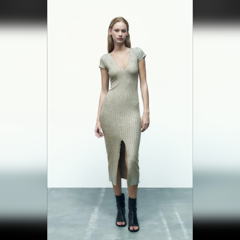NWT Zara Ribbed Slit Dress in Light Khaki Size Small